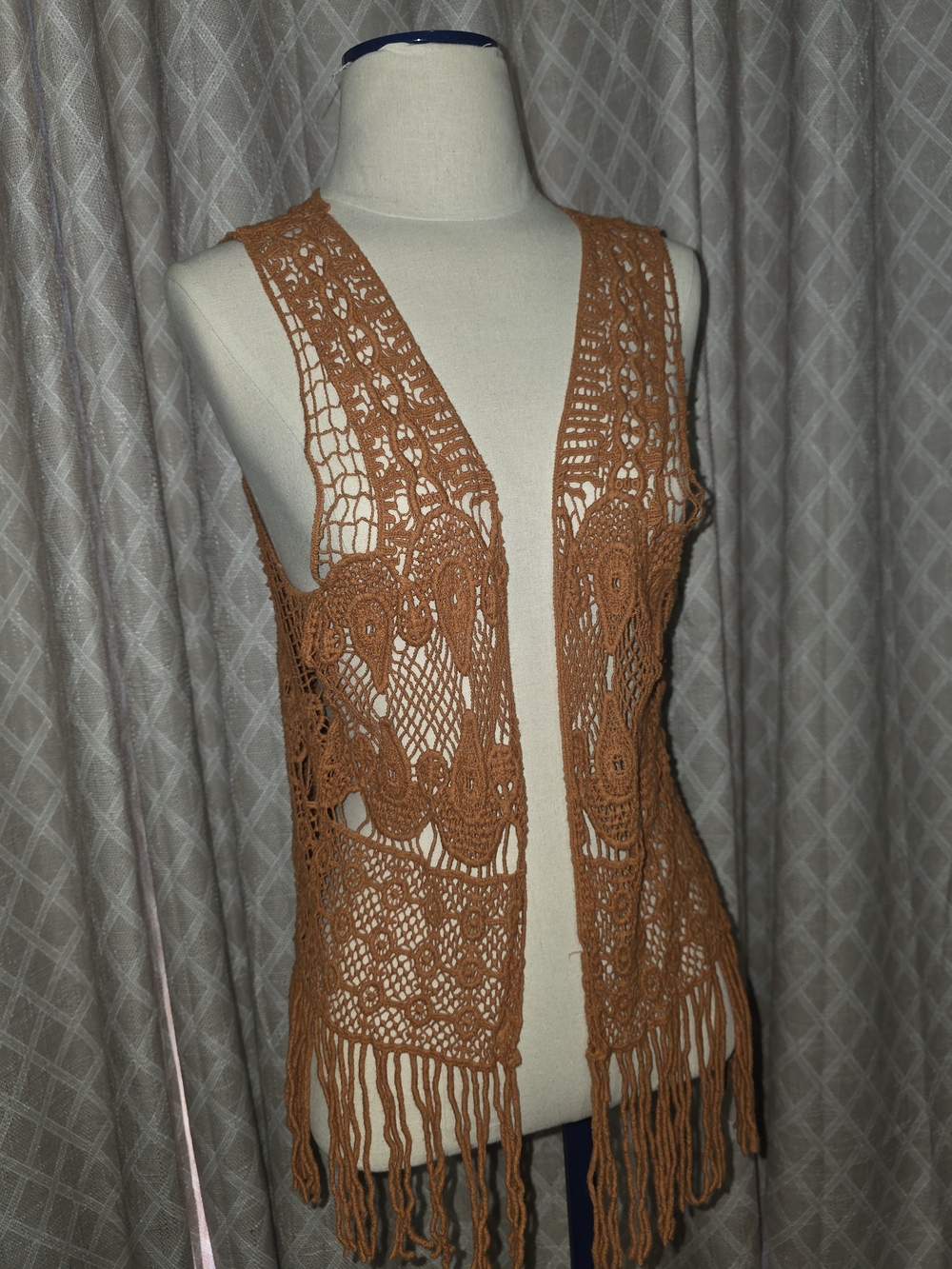 Roommates Crochet Fringe Swim Cover-Up Vest in Brown